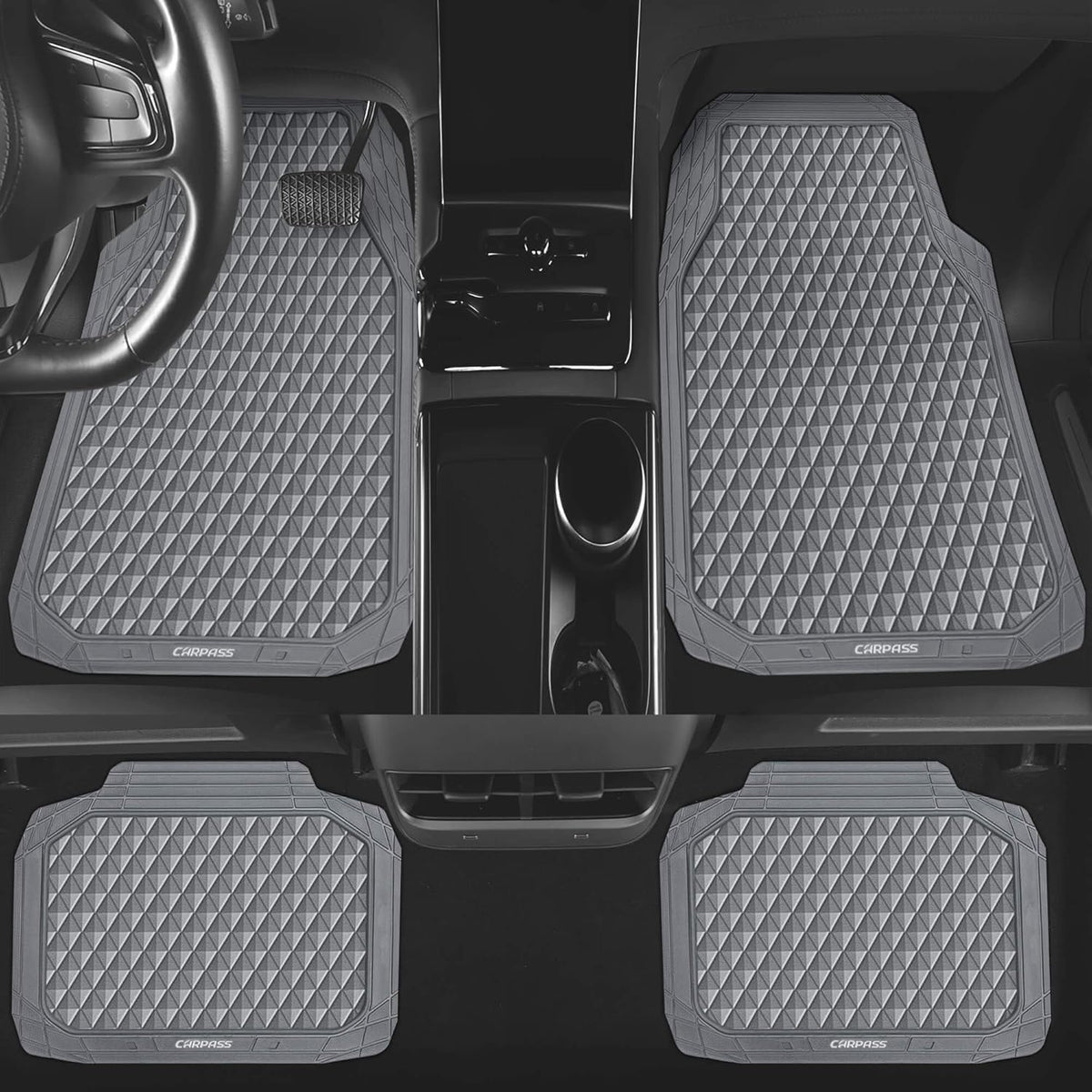 CAR PASS Gray Rubber Car Mats, All-Weather Floor Mats Full Set Durable Anti-Slip 3D Rhombus Waterproof Automotive Pad Trim to Fit Liner Universal Fit for Sedan SUV Truck Van, 4 Pcs All Gray Rubber