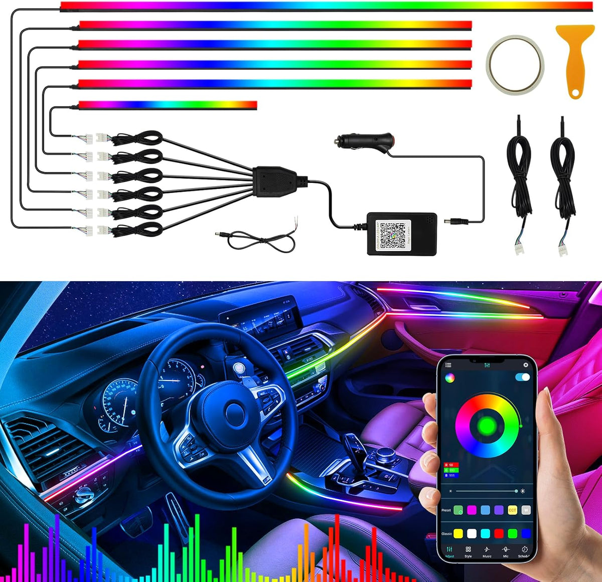 Interior Car LED Strip Lights, Acrylic LED Lights for Car with Wireless APP Dynamic Dreamcolor Chasing 6 in 1 Ambient Lighting Kits, 175 inches 593 LED Sound Active Function Neon Lights