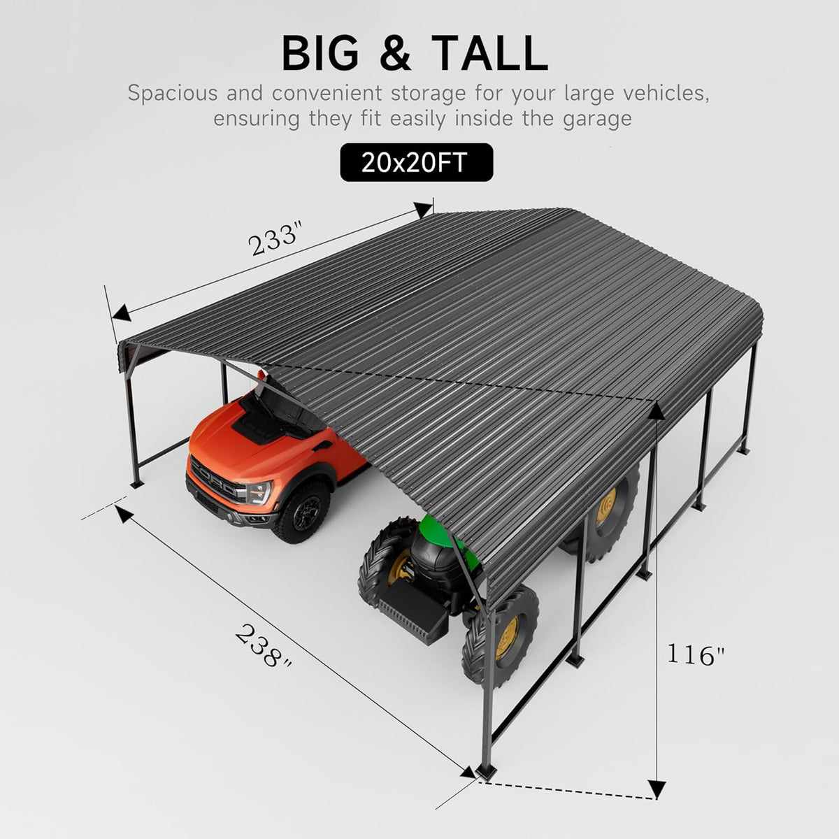 20x20 FT Metal Carport, Enhanced Base and Steel Roof for All-Weather Use, Outdoor Heavy Duty Garage Galvanized Car Shelter for Bass Boats, Full-Sized Pickup Trucks, and Tractors