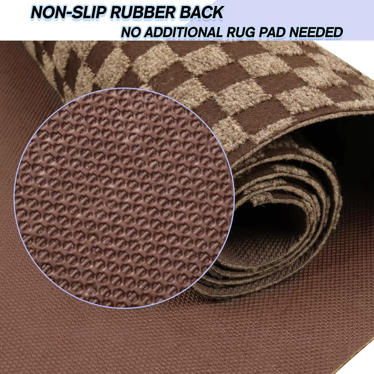 Custom Size Backed Non-Slip Area Rugs Runner, Easy Clean, Waterproof Runner Rugs for Hallway Entryway, Kitchen, Laundry, 4FT x 76FT, Brown Checkered