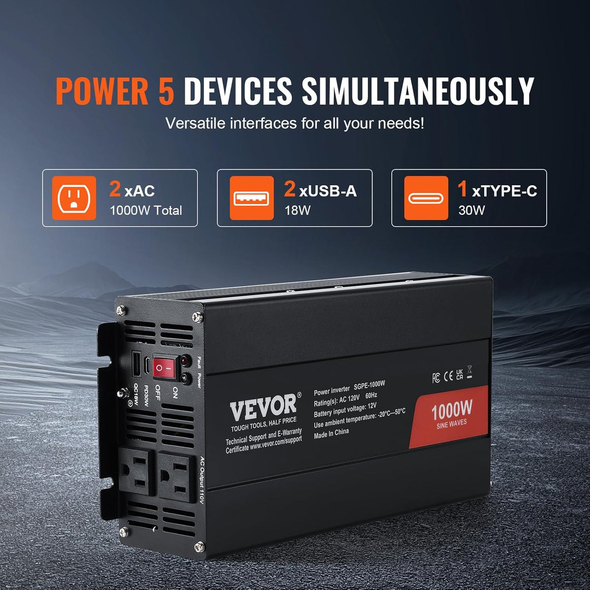 VEVOR 1000W Pure Sine Wave Inverter, DC 12V to AC 120V Power Inverter with 2 AC Outlets 1 USB Port 1 Type-C Port, Remote Control for Small Home Devices Like Smartphone Laptop, CE FCC Certified