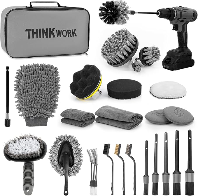 THINKWORK Car Detailing Kit, Car Detailing Brush Set, Car Cleaning Drill Brush Kit with Extension Pole, Professional Auto Detailing Supplies for Automobile Interior Exterior Wheels