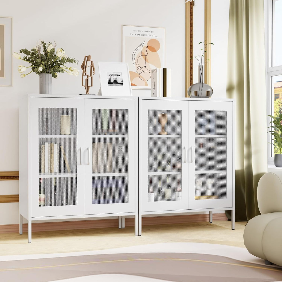 Metal Storage Cabinet with Mesh Doors,Steel Display Cabinet with Adjustable Shelves,Metal Office Storage Locker for Home Office,Garage(White mesh, 40''H)