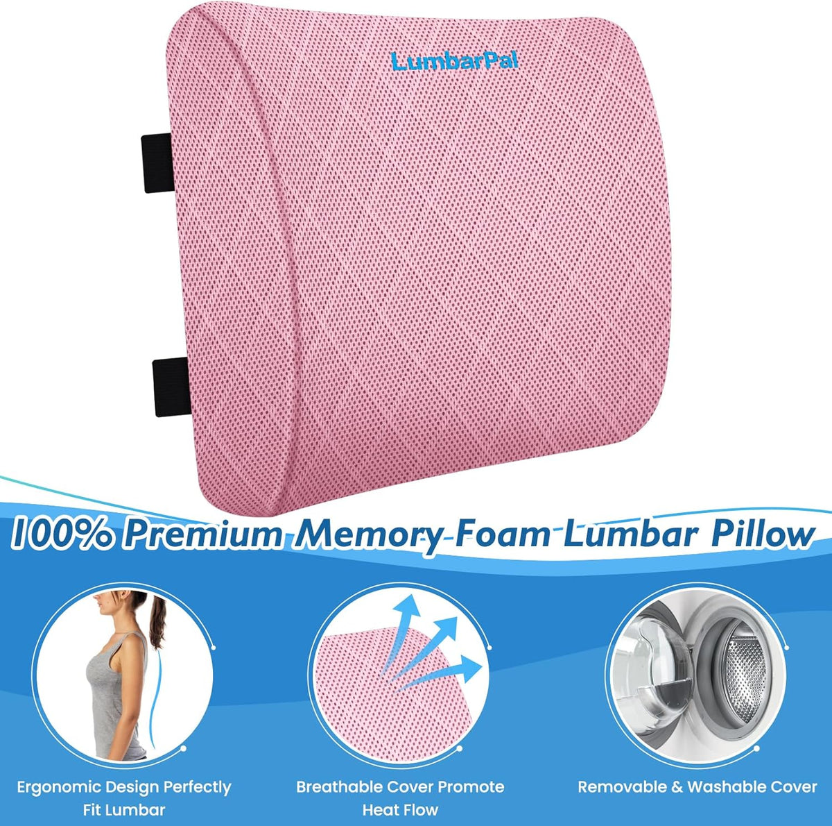 Lumbar Support Pillow for Office Chair Back Support Lumbar Pillow for Car, Gaming, Office Chair - Improve Sitting Posture & Back Pain Relief, Memory Foam, Adjustable Straps, Pink