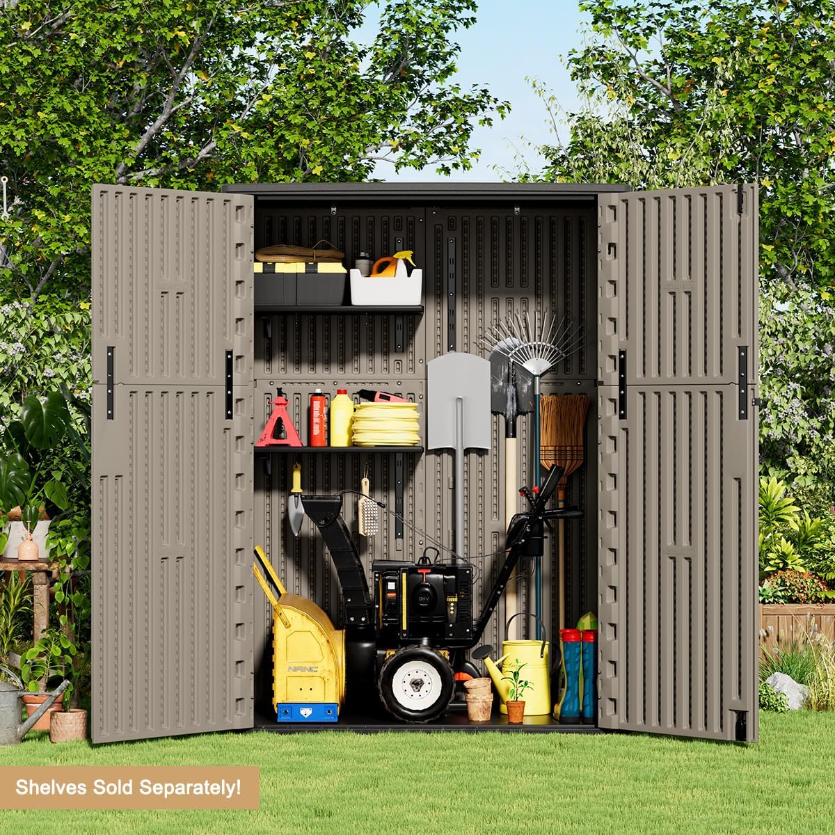 KINYING Outdoor Storage Cabinet Waterproof, 57 Cu.ft Resin Vertical Outdoor Storage Shed for Patio Furniture, Garden Tools, Pool Accessories, Mower Storage (Brown)