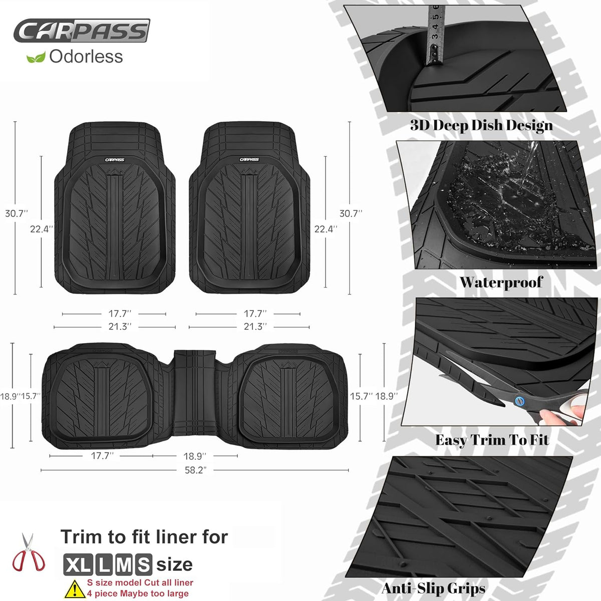 CAR PASS DeepDish Heavy Duty Rubber Floor Mats 3-Piece, Universal M-XL Size Trim-to-Fit Automotive Floor Mats for Truck Van SUV, Durable Waterproof All Weather Car Mats (Solid Black)
