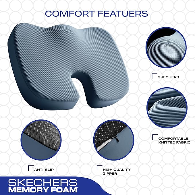 Skechers Memory Foam Seat Cushion,Office Chair Cushion for Tailbone Pain Relief,Butt Pillow for Office Chair,Car seat Cushion,Computer Desk,Long Sitting Office Workers,and Car Drivers,Blue