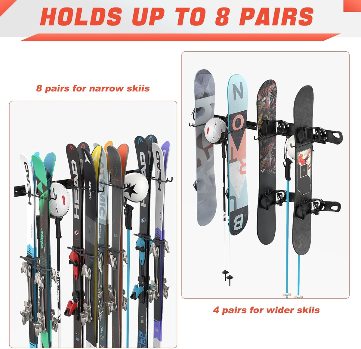WALMANN Garage Ski Rack, Indoor Ski Hangers for Garage Ski Storage Wall Mounted Ski Holder Holds Up to 8 Pairs of Skis