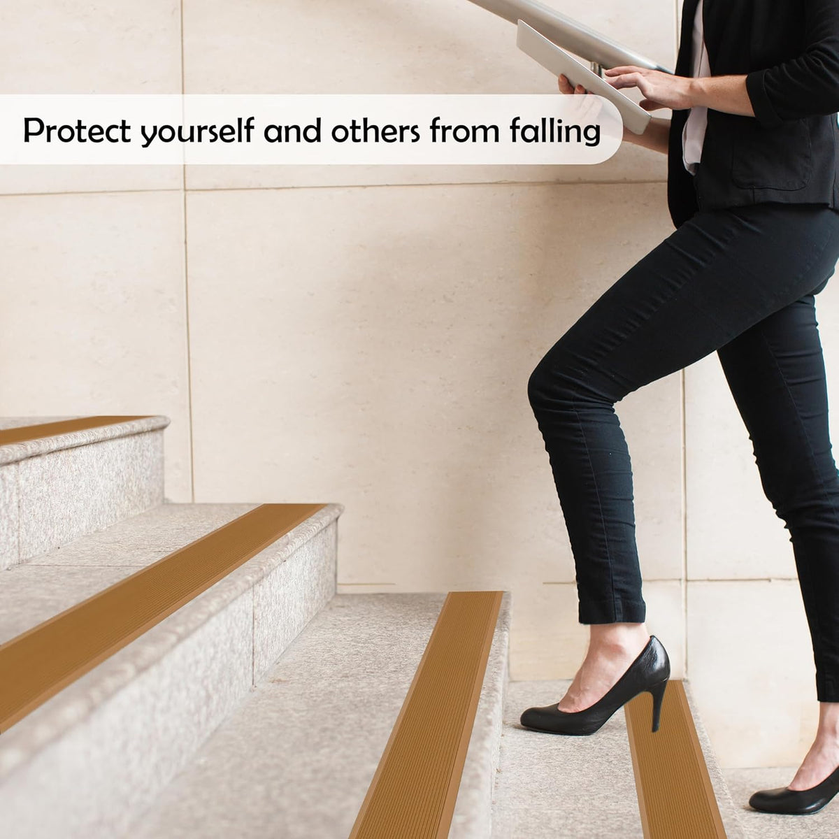 Rubber Bond 4x36in Anti Slip Stair Treads (5-Pack) - Waterproof Outdoor/Indoor Heavy Duty Non-Skid Tape for Stairs - Adhesive Rubber Grip Strips for Steps & Ramps - Brown