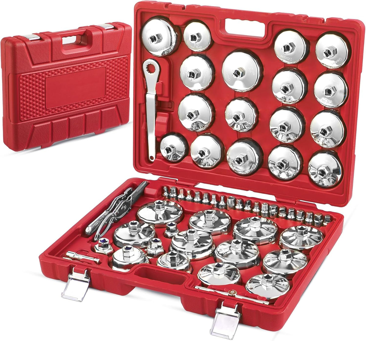 Auto Oil Filter Socket Wrench Set, Cup Type 1/2 inch Drive Cap Removal Tool, with Drain Plug Socket Set/Adjustable/Drive, Compatible, all Models Car, SUV, Oil Filter (58, RED)