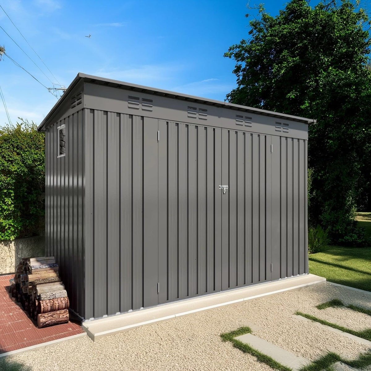 4 x 9 FT Metal Outdoor Storage Shed w/Lockable Door, Lean to Storage Sheds with Clear Window and Air Vents, All Weather Waterproof Garden Tool House for Backyard, Patio, Lawn, Gray