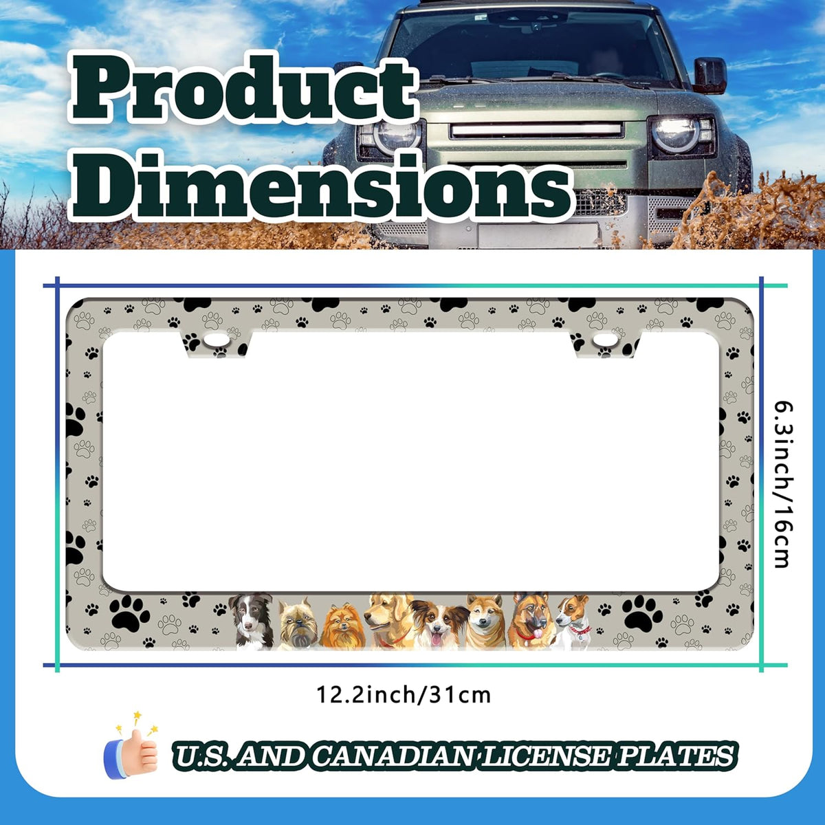 Dog License Plate Frame Pet Paw Prints Stainless Steel License Plate Holder for Front or Rear Car Tags Funny for Car Decoration Accessories with Screws 6.3 X 12.2 in for Women Men
