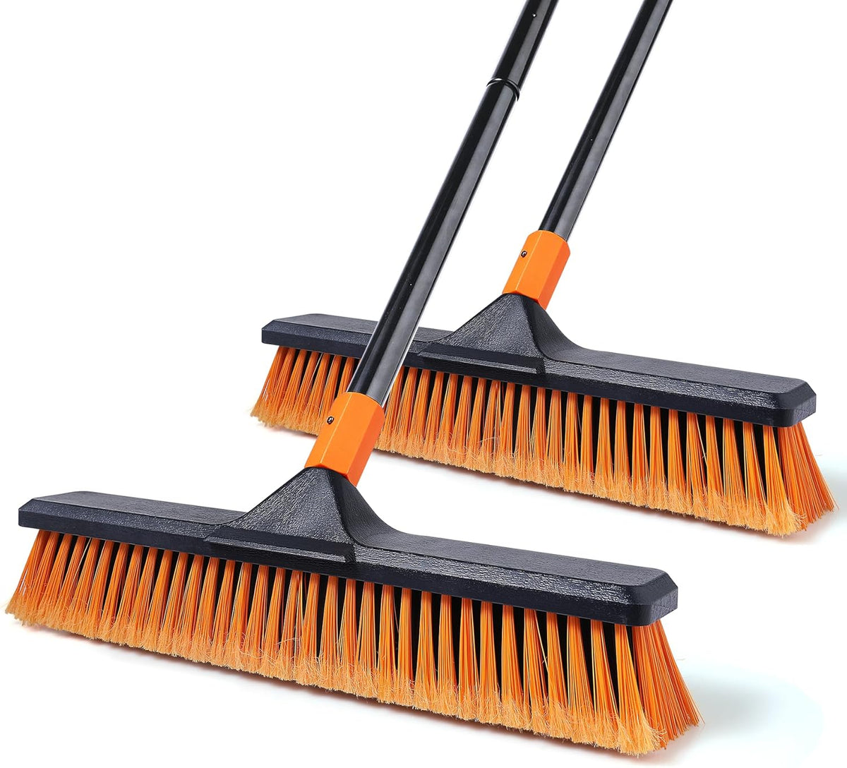 2 Set 18" Push Broom Outdoor with 65” Extendable Long Handle, Stiff Bristle Heavy Duty Broom for Indoor and Outdoor, Bathroom, Kitchen, Tub, Tile, Patio, Deck, Concrete, Commercial Brooms