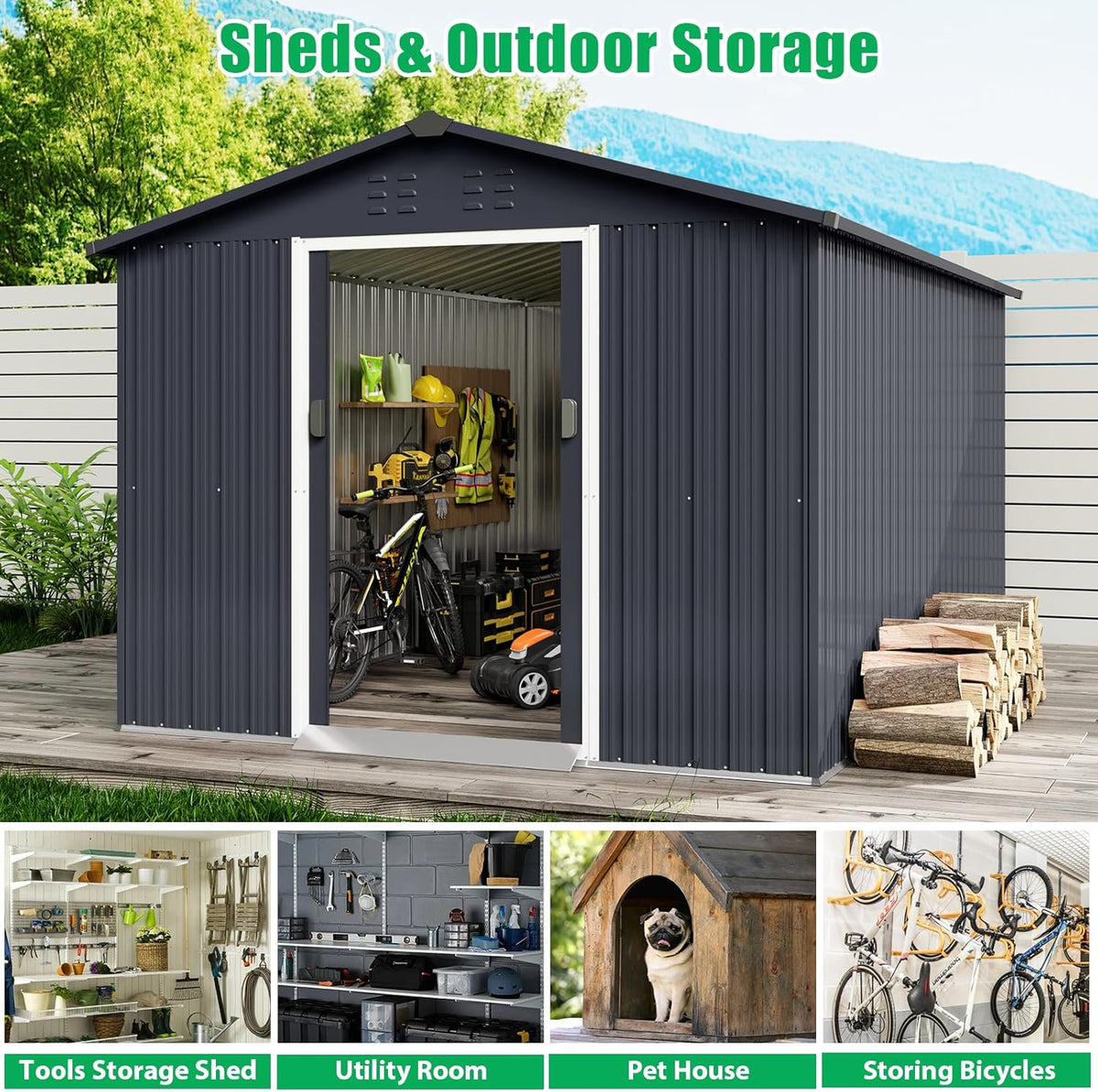 8 X 15 Ft Outdoor Storage Shed, Spacious Garden Tool Sheds with Lockable Door (Lock Not Included) and Vent, Durable Metal Patio Shed for Garden, Backyard, Lawn Mower Storage, Gray