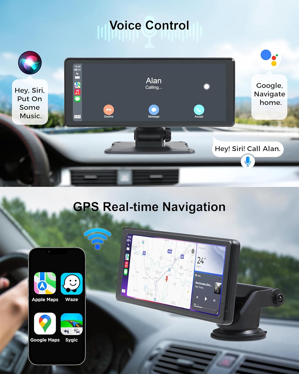 Wireless Car Stereo Carplay Screen with 4K Dash Cam, 8.1'' Portable 2K Touch Screen with 1080P Backup Camera, GPS Navigation for Car Play, Android Auto, Voice Control, Mirror Link, DVR, Bluetooth