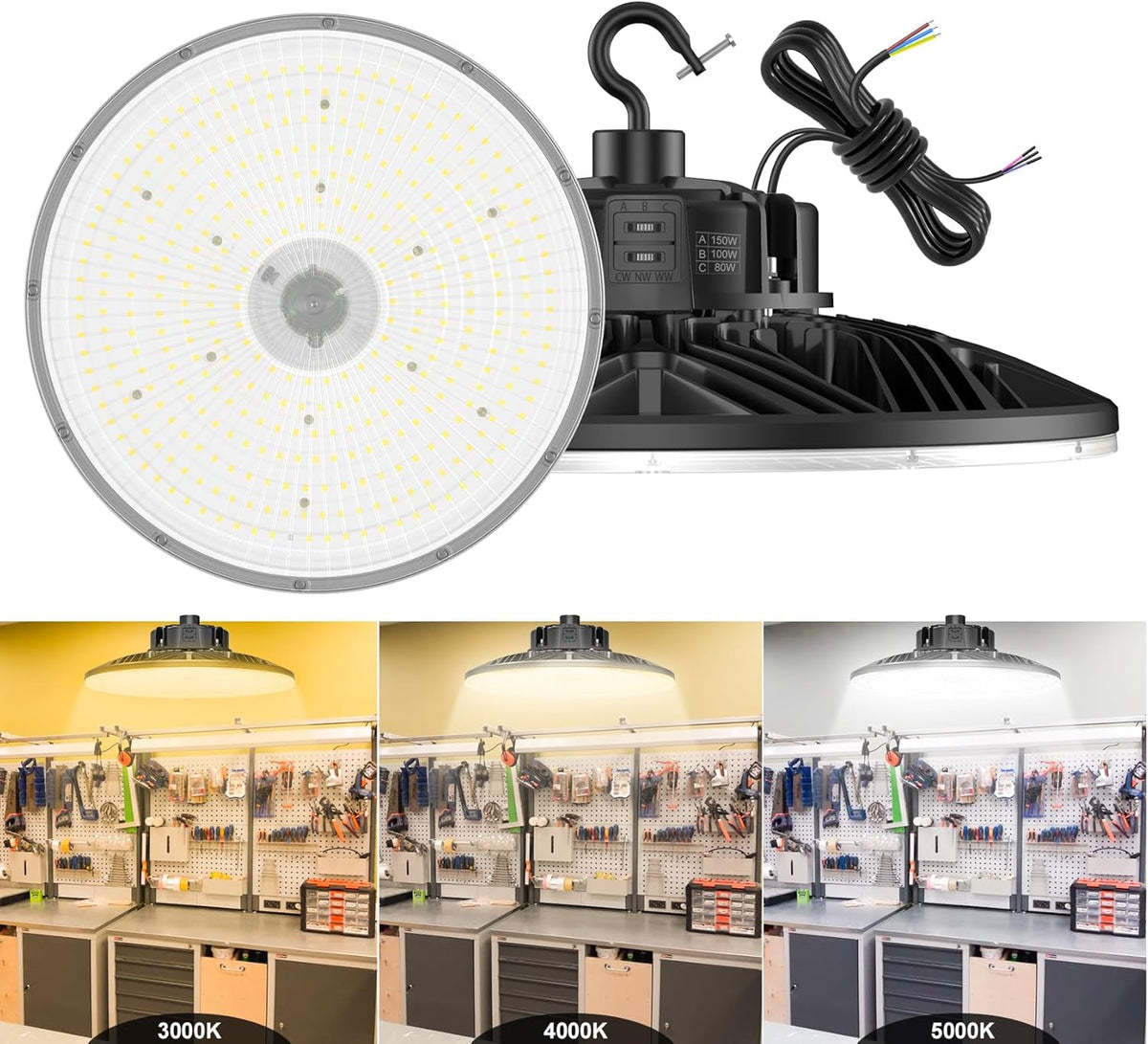 UFO LED Low Bay Light 4000K 80W 100W 150W 21,000Lumen 3000K Highbay UFO Lights for Workshop Garage Warehouse Lighting Fixture DLC UL Listed AC100-277V Input, 5000K High Bay LED Shop Lights Diammable