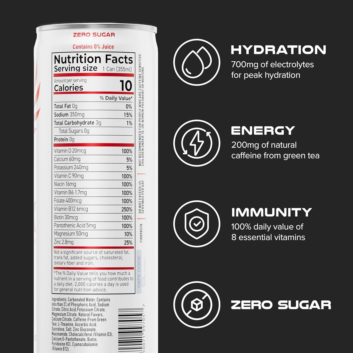 PHX Hydration Energy Drink - 700mg Electrolytes, 200mg Natural Green Tea Caffeine, 100% Daily Value 8 Essential Vitamins - 12 oz Cans (12 Pack) (12 Pack, Watermelon Lime)