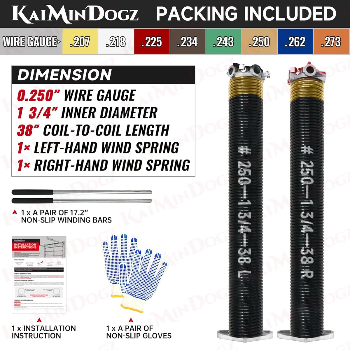 Pair of 1.75" Garage Door Torsion Springs Set with Non-Slip Winding Bars&Gloves, High Precision Electrophoresis Oil-Free Black Coated for Replacement, MIN 16,000 Cycles (0.250 x 1.75"x 38")