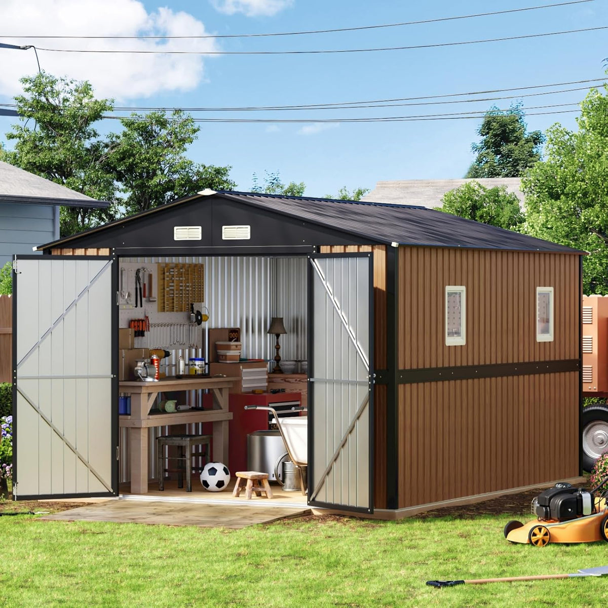 10X12 FT Outdoor Steel Storage Shed with Lockable Doors, 2 Windows, Garden Shed Ideal for Backyard, Patio Storage,Chicken Coop(Wood Panels & Frame Floor Not Included)
