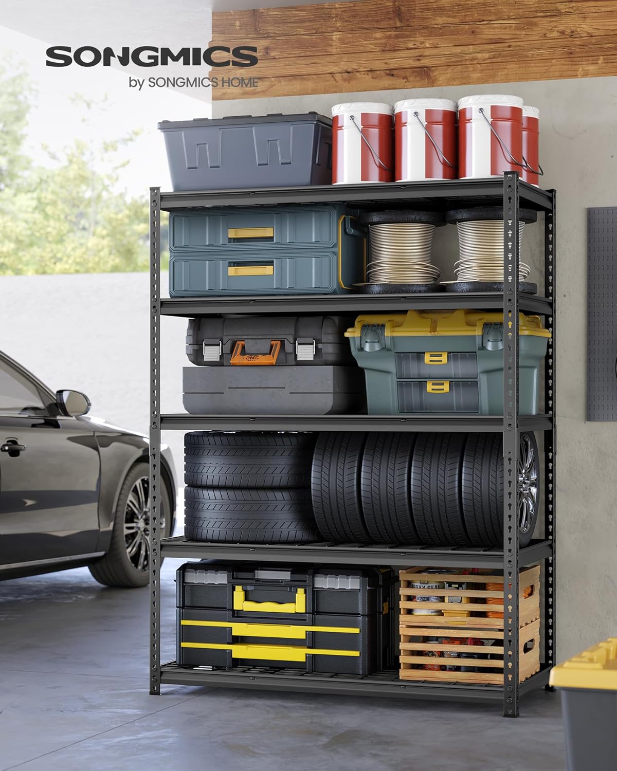 SONGMICS 5-Tier Storage Shelves Set of 3, Heavy-Duty Garage Shelving, Adjustable Shelving Unit, Steel Shelf, Boltless Assembly, for Garage, 2,200 lb Load, 24 x 144 x 72 Inches, Ink Black UGLR454B03