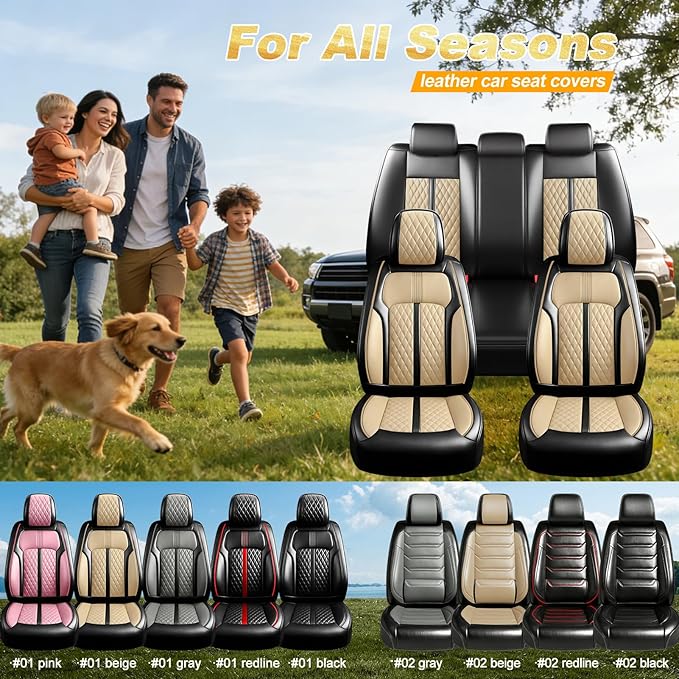 Fit Malibu Car Seat Covers for Chevrolet/Chevy Malibu 2009-2025, Full Coverage Leather, Airbag Compatible, Waterproof All Weather Breathable Seat Cushion Protector, Front Pair Black+Beige