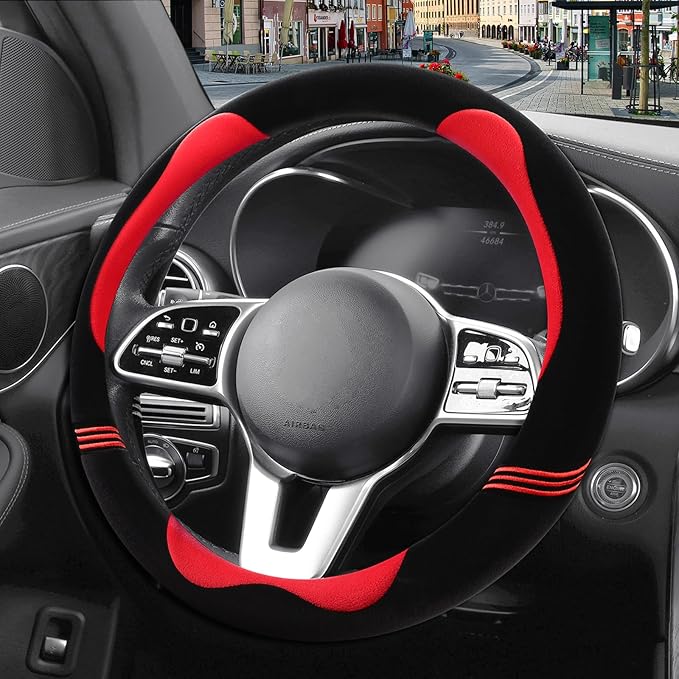 14 inch Furry Cute Steering Wheel Cover, Soft Fluffy Short Plush Auto Accessories, Non-Slip Cold-Proof Sweat-Proof Colorfast(Black with Red)