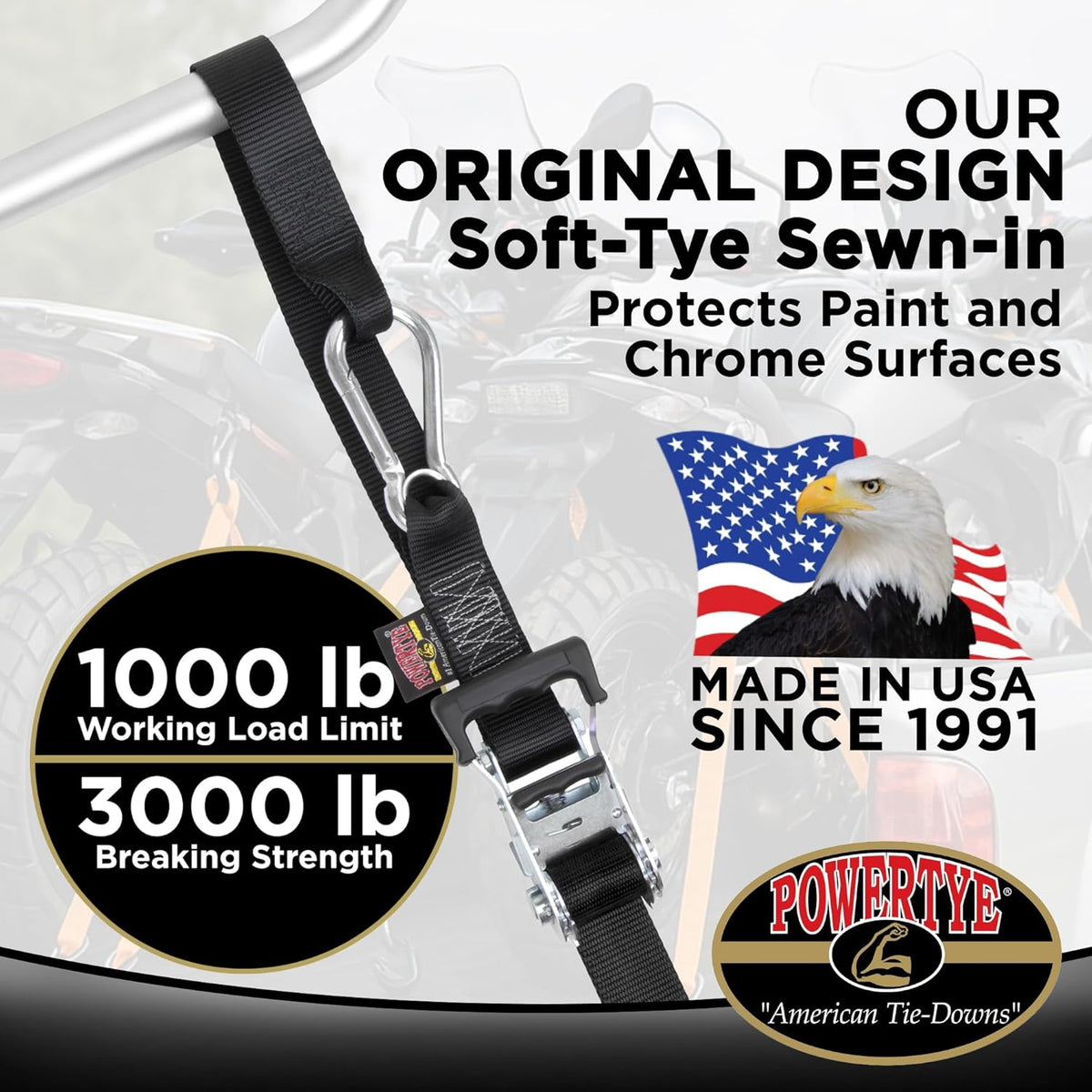PowerTye 1.5in x 6.5ft Heavy Duty Ratchet Tie-Down Straps with Soft-Tye and Carabiner Hooks - 1,000 lb Working Load Limit / 3,000 lb Breaking Strength - Made in USA - Black/Black Pair