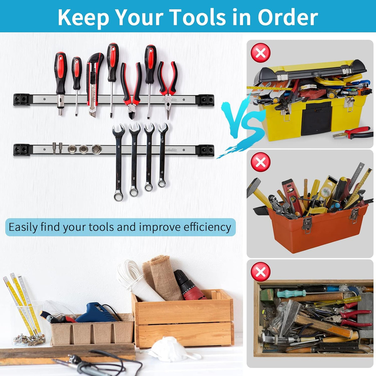 6 Pieces 12" Magnetic Tool Holder Strip, Stainless Steel Surface Tool Magnet Bar, Metal Tool Organizer Rack for Garage Organization, Easy To Install in Workshop, Mounting Screws Included