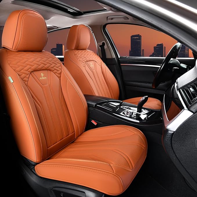 FLORICH Seat Covers, Leather Car Seat Covers Front Seats, Automotive Seat Covers Waterproof Car Seat Cushion Orange Seat Cover Protector Universal Fit for Most Cars Trucks SUVs