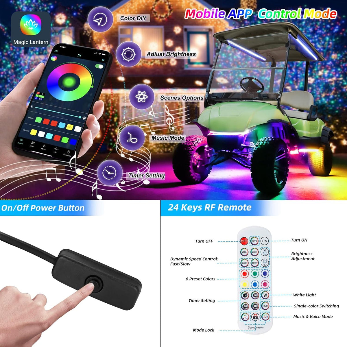 Roykaw Golf Cart Underglow LED Strip Lights Accent Neon Lighting Kit w/Canopy, Wheel Well & Interior Lights for EZGO Yamaha Club Car, Million Colors/Waterproof IP68/Sync to Music, Fits 12V-80V, 14PCS