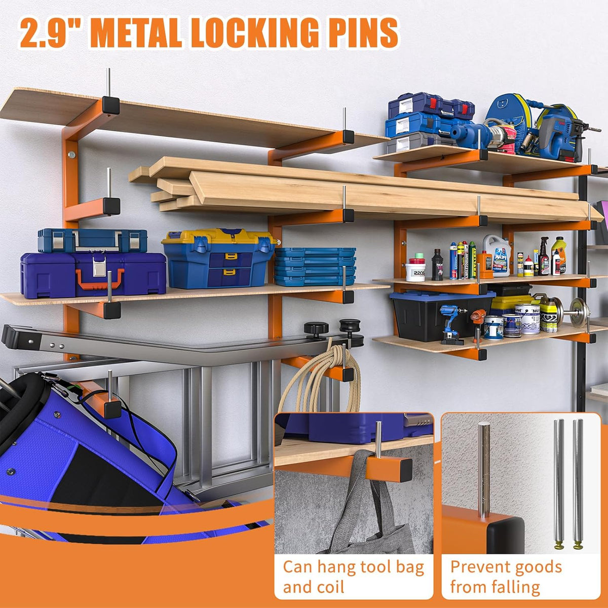 2-Pack Lumber Storage Rack, Wood Storage Racks Wall Mount, Heavy Duty Garage Wood Organizer With 4-Level System, Orange Utility Rack Organization Up 800 Lbs, Metal Lumber Shelf for Indoor and Outdoor