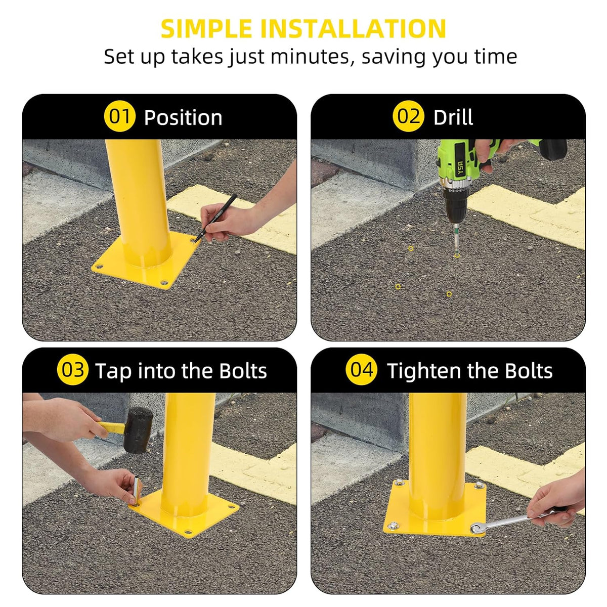 Safety Bollard 2 Packs, 42 Inch Height Steel Bollard Post for Parking Lot, 4.5 Inch Diameter Pipe, Yellow Safety Bollard Post with 8 Anchor Bolts, Ideal for Traffic-Sensitive Areas, Driveway Barrier