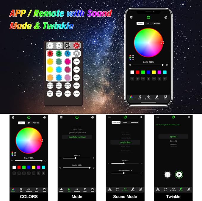 CHINLY 16W 650pcs 0.03in 13.1ft Fiber Optic Lights Star Ceiling Headliner Light Kit, APP Car Use Bluetooth RGBW LED, Remote Music Mode Optical Fiber+Adapter+Cigarette Lighter for Car/Home Theater