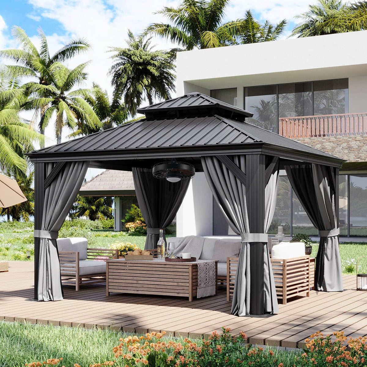 Aoxun 12' X 12' Hardtop Gazebo with Drainage System, Aluminum Outdoor Gazebo with Galvanized Steel Double Roof, Patio Permanent Metal Pavilion with 20 inch Ceiling Fan, for Garden, Deck, Grey