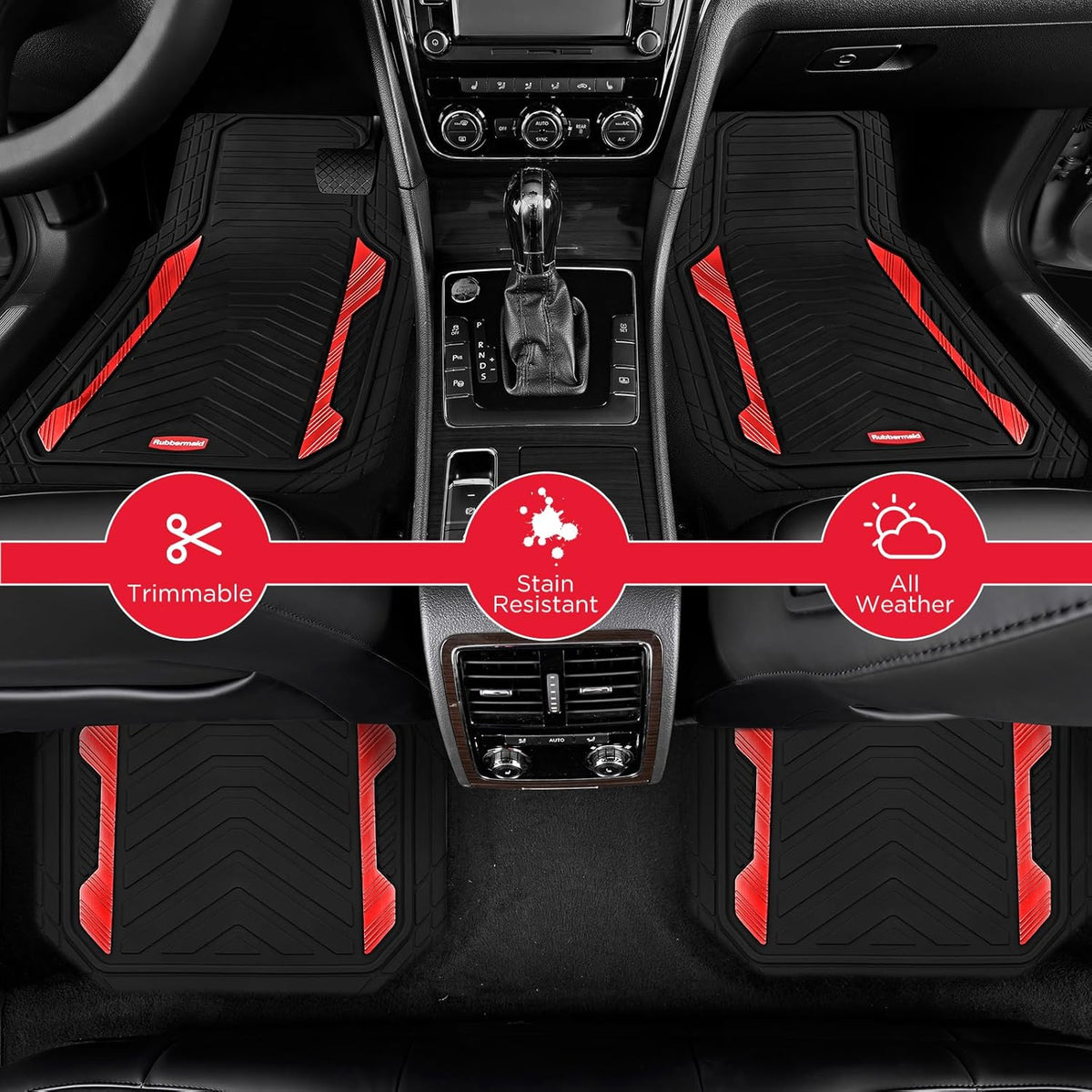 Rubbermaid Car Floor Mat, Heavy Duty All-Weather Car Mats Full Set with Dual-Tone Red Aluminum Inserts – Universal Fit, Anti-Slip Backing, Trim-to-Fit for Most SUV, Sedan, Van