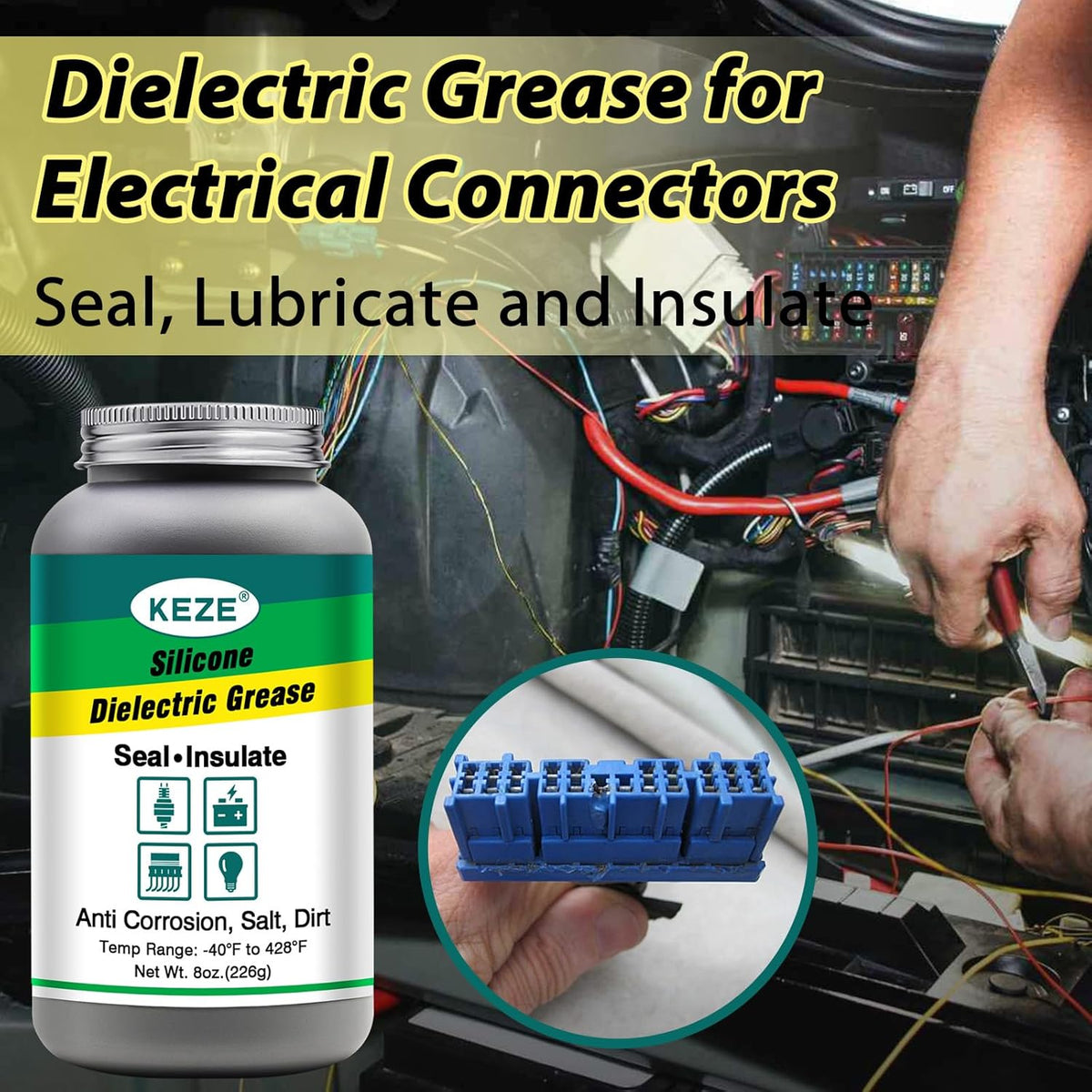 Keze Silicone Dielectric Grease Automotive Die Electric Grease Spark Plug Light Bulb Sockets Battery Terminal Electrical Contact Paste for Marine Against Salt, Dirt Corrosion Brush Top Can, 8 Oz