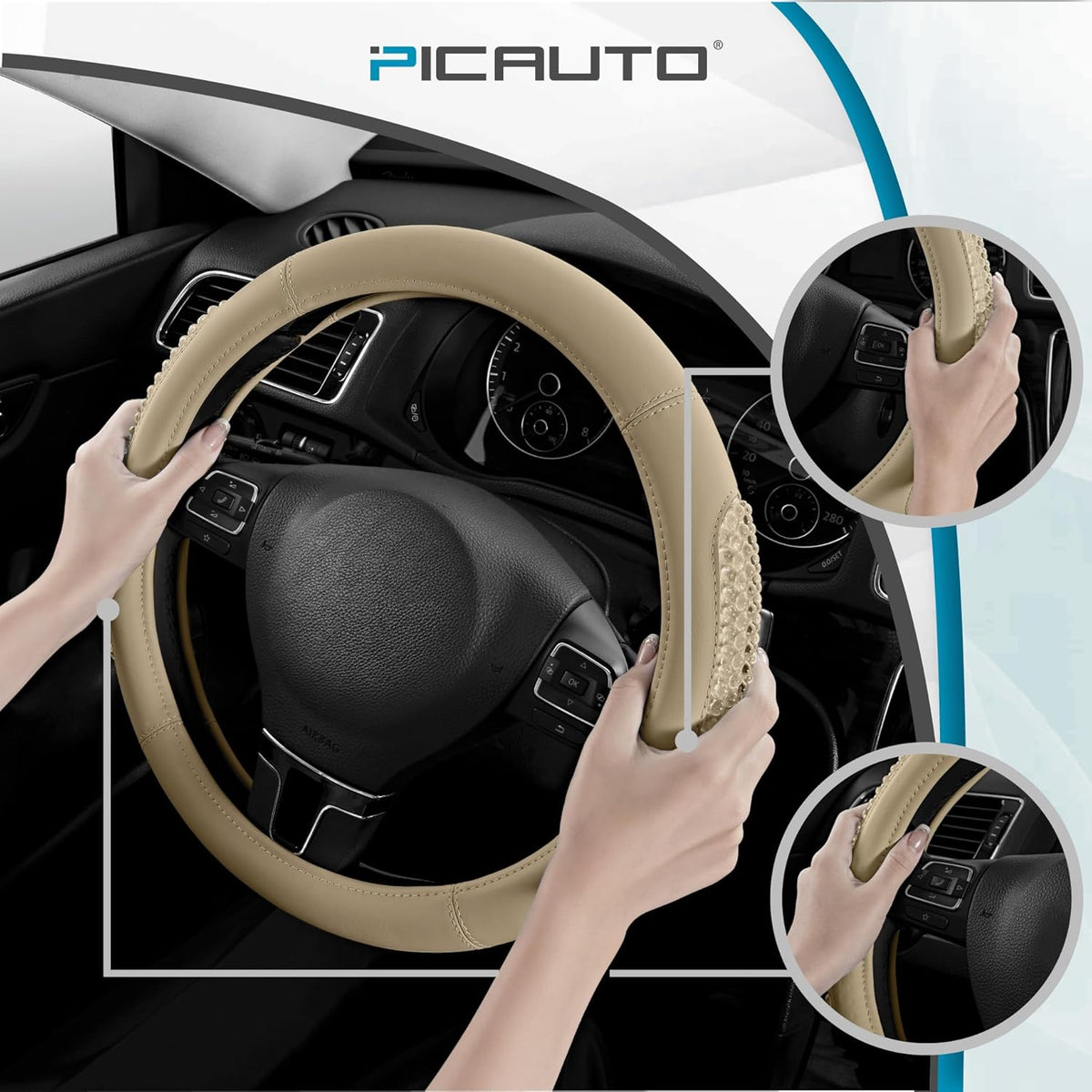 PIC AUTO Gel Particles Steering Wheel Cover, Beige Luxury Leather Car Steering Wheel Protector, Universal Fit 14.5"-15.5" Anti-Slip Car Interior Accessories for Girls & Women