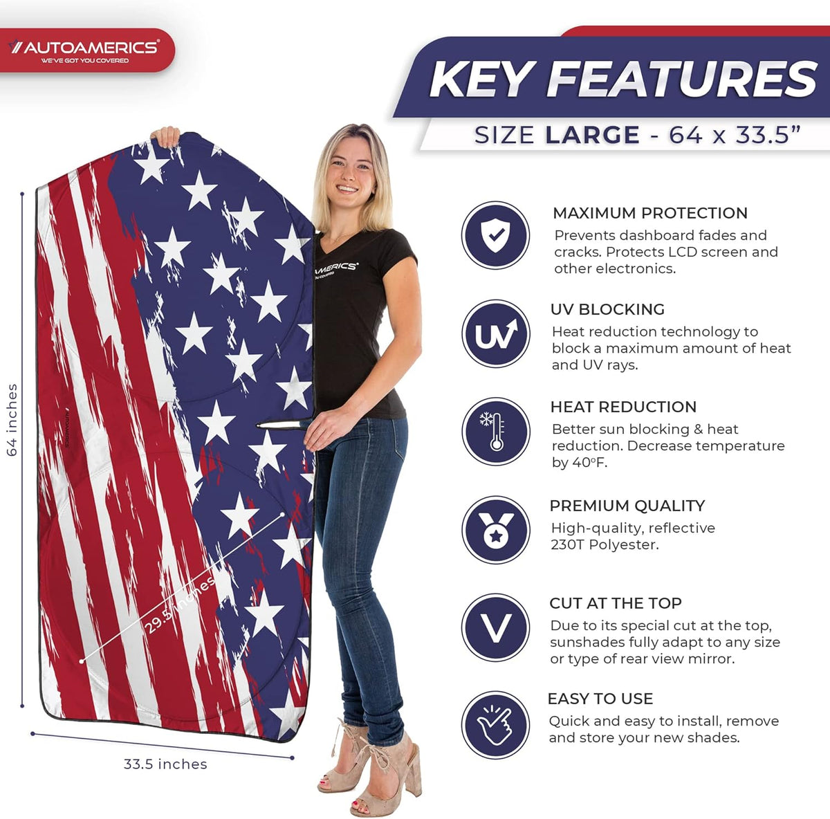 Autoamerics 1-Piece Windshield Sun Shade USA Art Flag - 2 American Design - Foldable Car Front Window Sunshade for Most Sedans SUV Truck - Blocks Max UV Rays and Keeps Your Vehicle Cool - Large