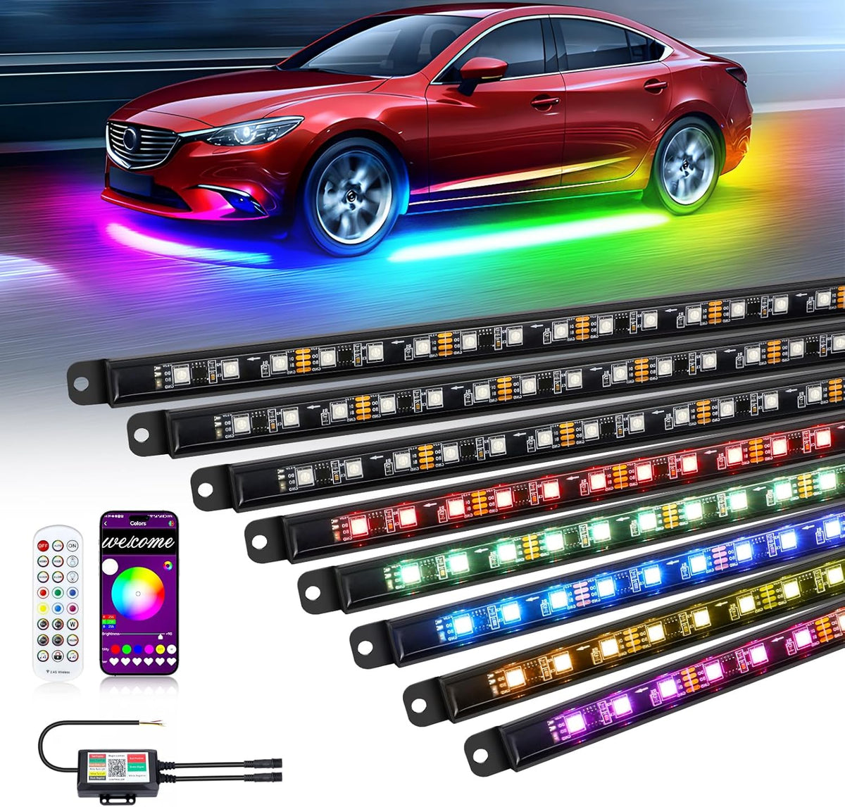 OPP ULITE Car Led Underglow Lights Aluminum Dream Chasing Color Accent Light Bar, RF Remote & APP Control Underglow Light Strip with Red Brake/Yellow Turn Signal/White Reverse Light Kit, 8PC Pack