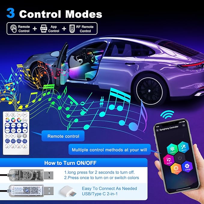 Dreamcolor Acrylic Interior Car LED Strip Light with USB/Type C, RGB 6 in 1 with 187 inches 650 LEDs Strip, Dynamic Chasing Music Sync Neon Ambient Lighting Kits