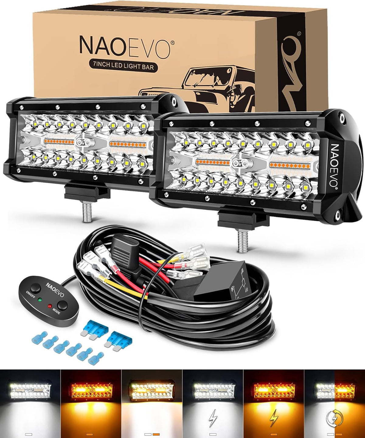 NAOEVO 7 Inch LED Light Bar, White Amber Offroad Fog/Driving Lights LED Pods with Strobe/Memory Function, 2 Leads Wiring Harness Included, Work for Truck Boat ATV UTV, 2-Pack (6 Modes)
