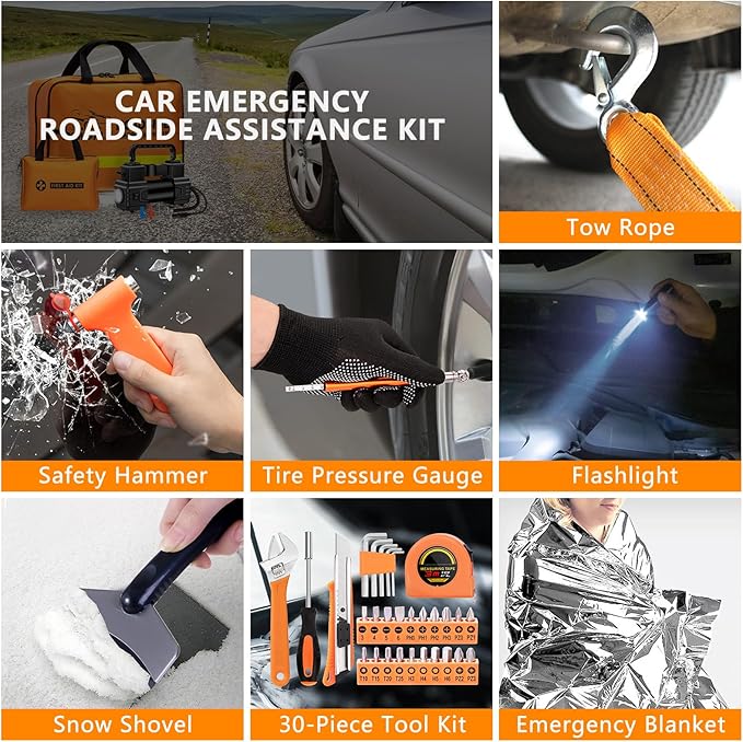 Car Emergency Kit with Portable Air Compressor - Roadside Assistance Emergency Kit with Jumper Cables, First Aid Kit, Auto Tool Set, Winter Safety Kit for Women, Men, Teen (Orange)