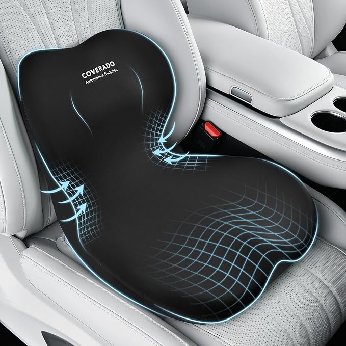 Coverado Car Seat Cushion and Lumbar Support Pillow One Piece, Memory Foam Ergonomic Back Support Driving Seat Cushion for Back Pain, Non-Slip Washable Cushion for Car, Driver, Office