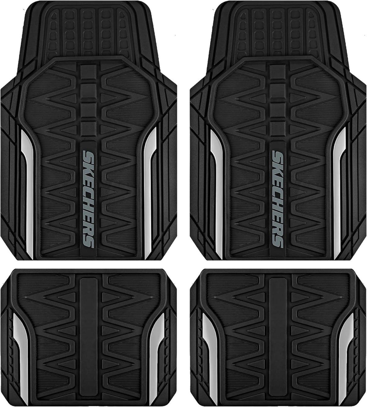Skechers Heavy Duty Rubber Car Mats Full Set, All Weather Floor Mats, Waterproof Trim to Fit Universal Floor Liner, Automotive Floor Mats for Cars Trucks SUV, Sliver