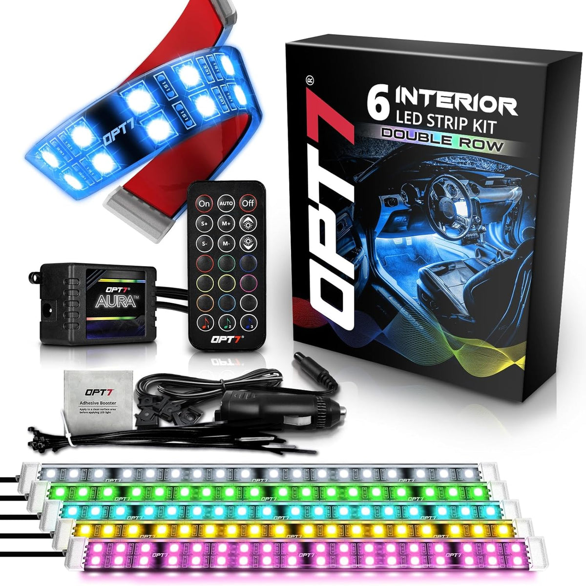 OPT7 Aura Double Row Car LED Lights Interior 6pc with Wireless Remote Control, Multicolor Mode, Sound Active Function Inside Ambient Lighting Kit, Footwell Floor Decor, Charger Adapter 12V