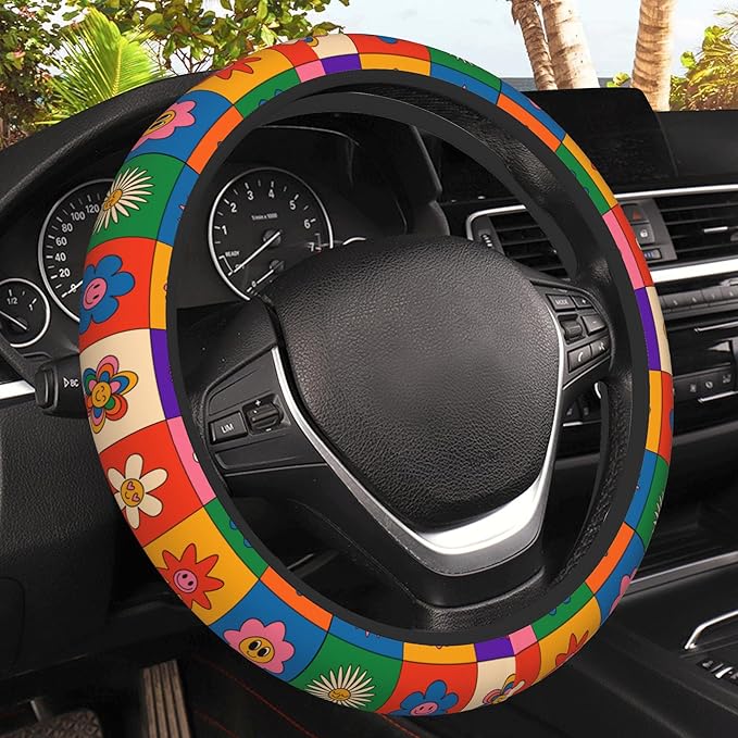Abstract Groovy Flowers Steering Wheel Covers Universal 15 Inch Car Wheel Cover,Anti-Slip Breathable Car Accessories Protector Fit for Trucks,Sedans,SUVs,Vans