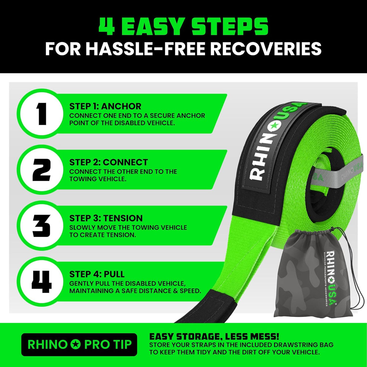 Rhino USA Recovery Tow Strap (3" x 30') - 31,518lb Break Strength - Emergency Recovery Strap Tow Rope for Truck, UTV, ATV & More - Heavy Duty Towing Strap for Offroad 4x4 Use - Compatible with Jeep
