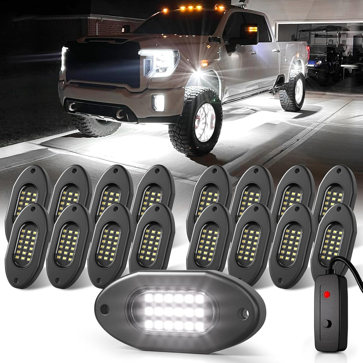 Honalia Pure White Rock Lights for Trucks 16 Pods, 6000K White LED Rock Lights Kits with Switch