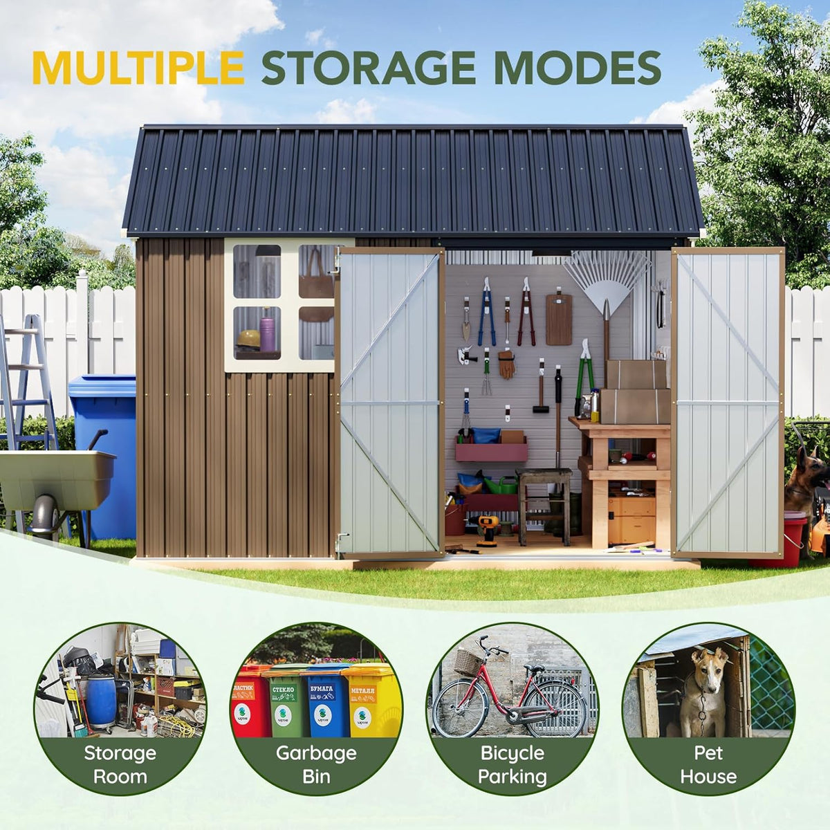 Breezz 8X10FT Outdoor Steel Storage Shed with Clear Window, Lockable Doors, Weather-Resistant Metal Tool Shed for Garden, Backyard, Patio, and Utility Storage.Brown