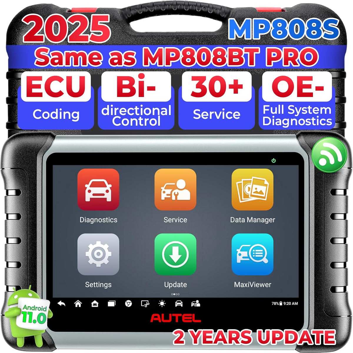 Autel MaxiPRO MP808S Scanner, 2025 2-Year Update MP808S Up of MaxiSys MS906BT MaxiCOM MK900BT MK900 MX900 MP808BT, ECU Coding as MS906 PRO/MAX MP900BT, 3k+ Active Tests, 30+ Resets, FCA SGW, OS 11